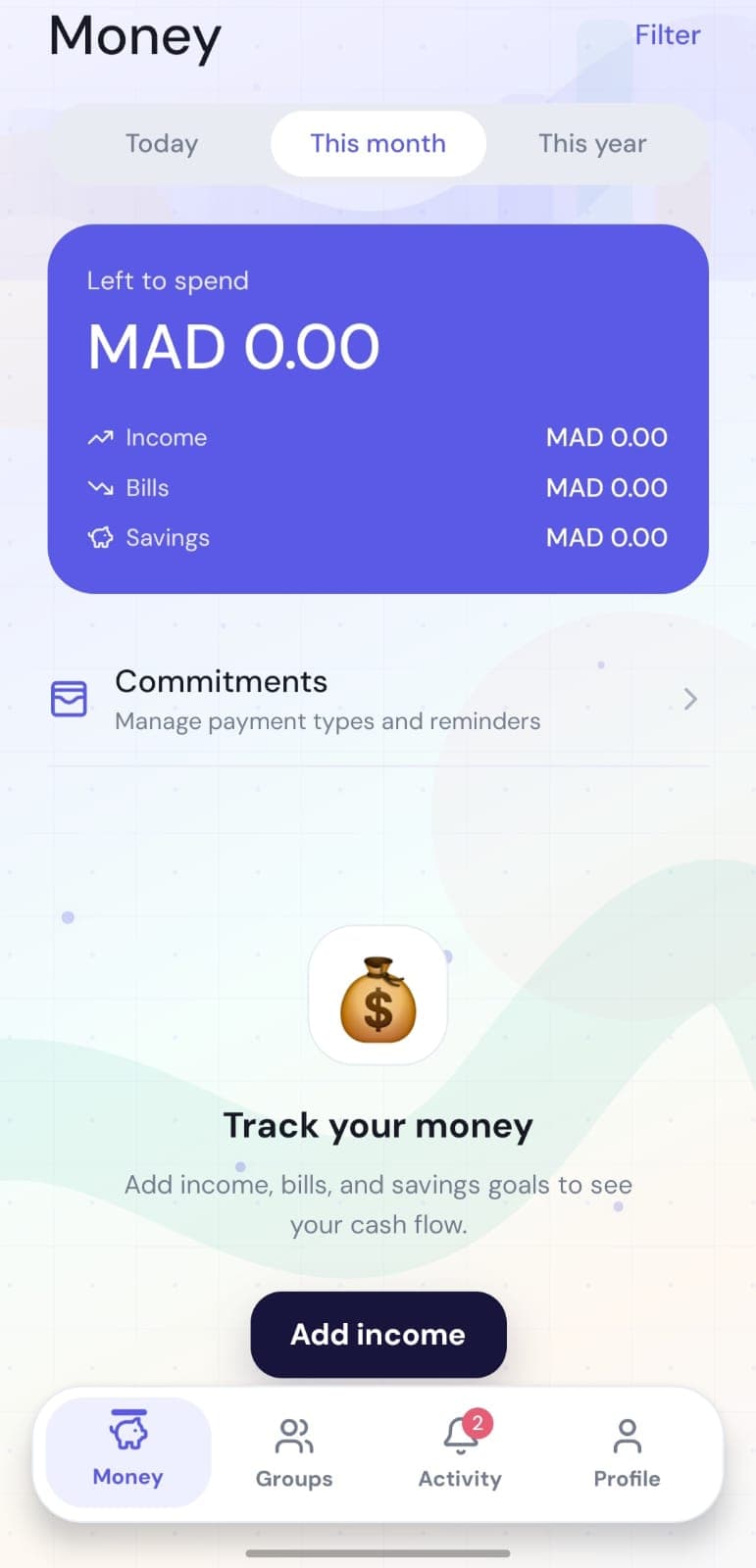 Partage Money dashboard showing monthly cash flow and commitments