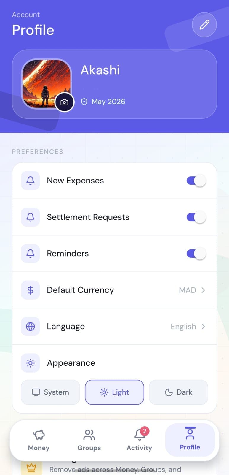 Partage Profile screen showing account preferences